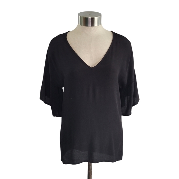 Blue Rain by Francesca's black flutter sleeve v-neck semi-sheer chiffon blouse - Picture 1 of 7